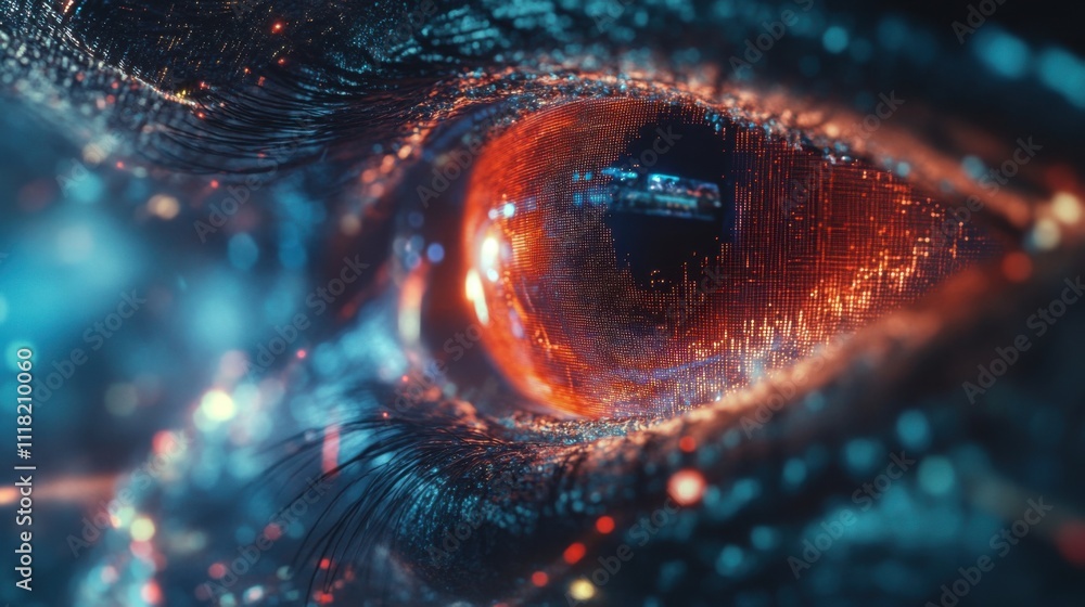 Poster The close-up view showcases an eye being scanned by a light source, highlighting the intricate patterns and reflections within the iris. This setting suggests advanced technology and depth