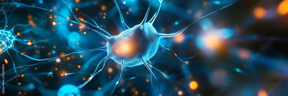 Aufkleber close-up of a glowing neuron cell with blue and orange synapses in a neural network
