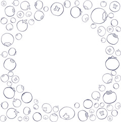 Hand drawn graphic line illustrations of blueberry circle round frame. vector Detailed frame with blueberries. Applicable for menu, brochures, flyers.