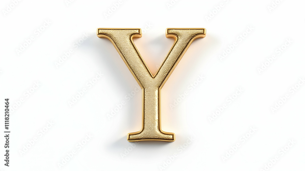 Poster a goldcolored letter y, rendered in 3d with a textured surface, is displayed against a clean white b