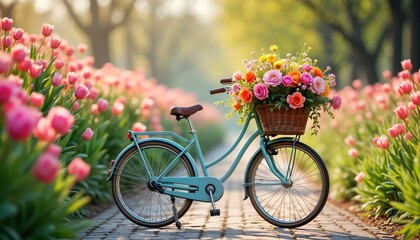 Fototapeta premium Vintage bicycle adorned with basket full of fresh spring flowers. Bicycle parked in path surrounded by tulips, flowers. Springtime scene captures essence of nature. Perfect for spring themes.