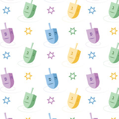 Festive Hanukkah seamless pattern with colorful dreidels and  Star of David on a white background
