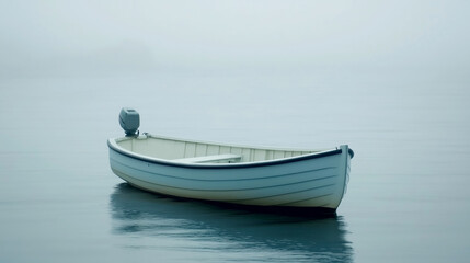 Naklejka premium Serene boat floating in a misty lake.