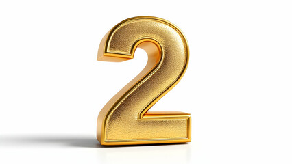 A 3Drendered image shows a gold number 2, with a textured, metallic surface. Its set against a plain white background, casting a subtle shadow.