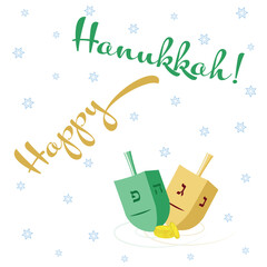 Happy Hanukkah greeting card with two traditional dreidels and a starry background