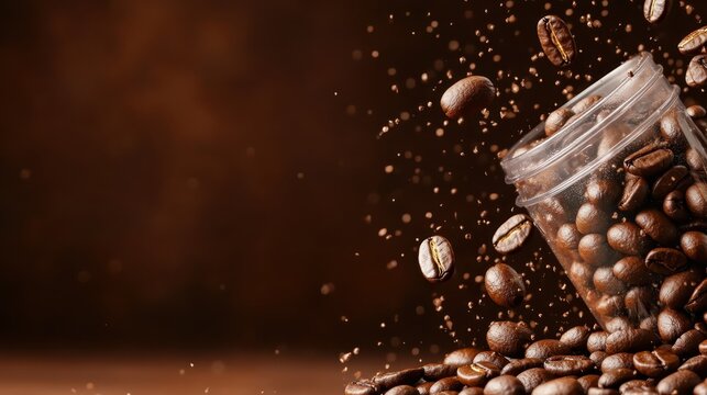 A visually striking scene of coffee beans pouring from a clear jar set against a rich, dark background, presenting a dramatic and enticing image of richness and luxury.