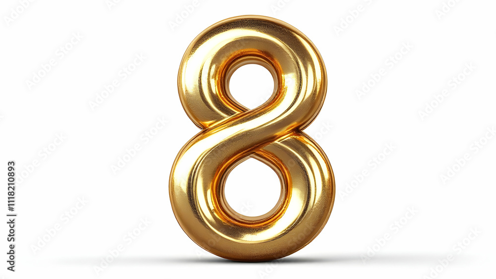 Poster a gleaming gold 3d rendering of the number eight, styled to resemble an infinity symbol. isolated on