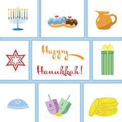 Naklejka premium A Hanukkah greeting card with traditional Hanukkah symbols