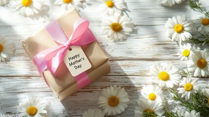 Obraz premium Beautifully Wrapped Mother's Day Gift with Daisies