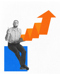 Contemporary art collage. Businessman sitting on blue square with upward orange graph arrow,...