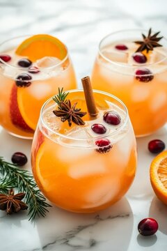  Tres vasos bajos con ponche de frutas, decorados con rodajas de naranja, kлюква, an&iacute;s estrellado y ramas de pino. Fondo claro con luz natural.
