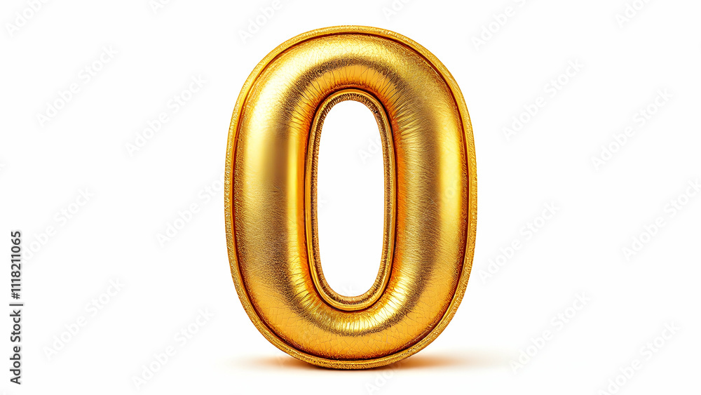 Poster a 3d rendering of a gold, inflatable number zero. the digit is shiny, luxurious, and isolated on a w