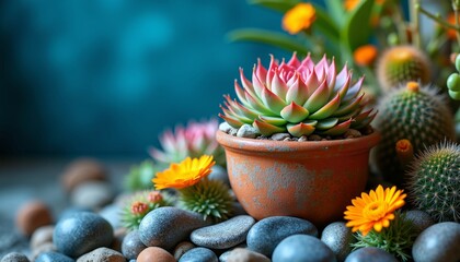 Fototapeta premium Colorful succulent arrangement with pebbles and vibrant flowers