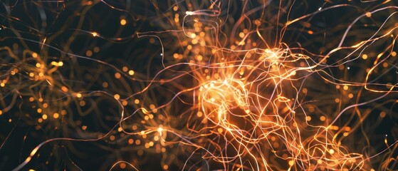 Captivating golden sparks dance in dark space, creating a mesmerizing and chaotic display of light and energy.