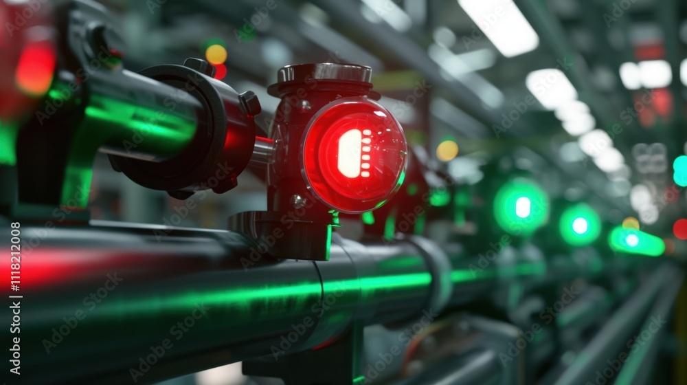 Poster innovative production line monitoring system showing a red alert signal, highlighting a potential ma