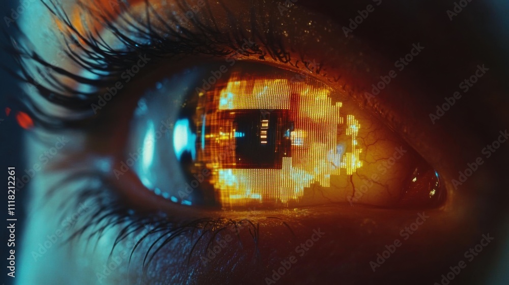 Poster a close-up view of a human eye, featuring a scanning light that highlights intricate details and dig