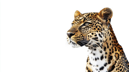 Obraz premium Close-up of a majestic leopard on a white background, showcasing its striking spotted fur and intense gaze.