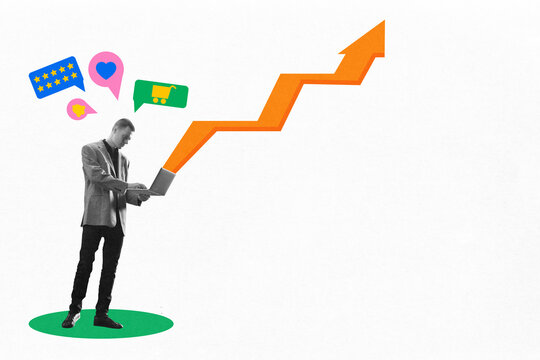 Contemporary art collage. Man typing on laptop with social media icons and rising graph arrow, showing digital marketing growth and online reviews. Concept of social media marketing, communication. Ad - Powered by Adobe