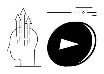 Silhouette of a human head with upward arrows symbolizing growth and progress next to a play button icon. Ideal for education, development, media, technology, communication, motivational content