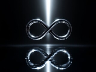 Metallic infinity symbol reflecting in darkness with light beam illuminating from above