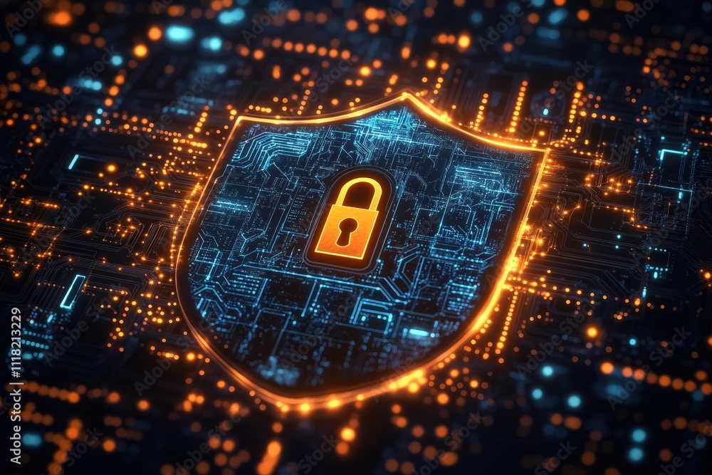 Poster digital data protection concept. secure network shield with glowing lock symbol. advanced tech safeg