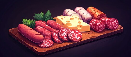 Close-Up of Charcuterie Board with Salami Rolls, Cheese Variety, and Space for Text, Perfect for Party Concepts