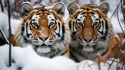 Two Siberian (Amur) tigers lie next to each other in a snowy glade HD 8K wallpaper Stock Photographic Image