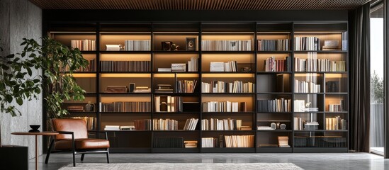 Modern bookcase with warm lighting and leather chair in a contemporary living room.