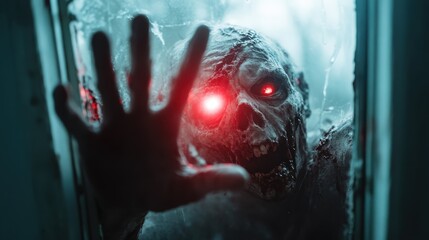 A skeletal figure with glowing eyes leans against a frosted glass pane, emitting a chill presence that merges horror with the allure of the unknown.