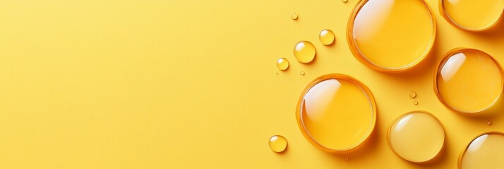 Golden Drops On Yellow Backdrop. Abstract Background With Copy Space. Beauty And Skincare Concept.