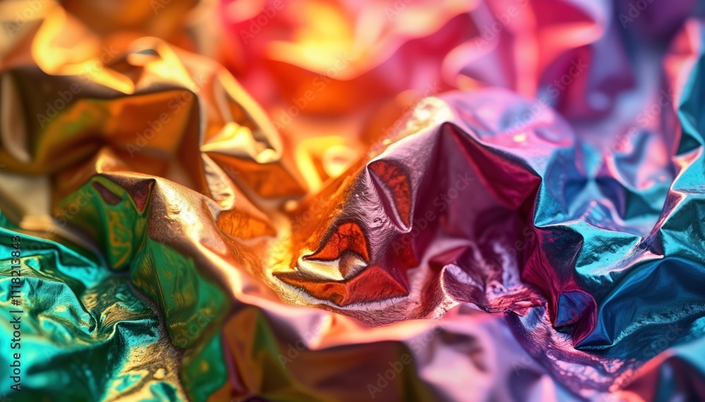 Poster Closeup view of vibrant crinkled foil. Colorful light reflections create shiny iridescent effect. Abstract metallic texture highlighted. Surface many-coloured. Holographic pattern with rainbow