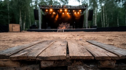 A wooden stage set up in a forest is illuminated brightly, highlighting its readiness for performances and capturing the essence of entertainment and anticipation.