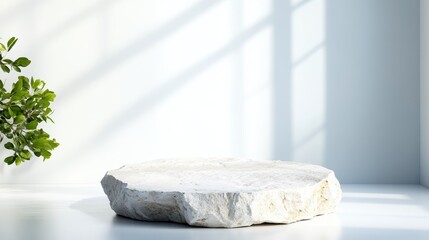 A round stone pedestal sits bathed in natural sunlight near a vibrant green leafy plant, creating a serene and minimalistic scene perfect for displays.