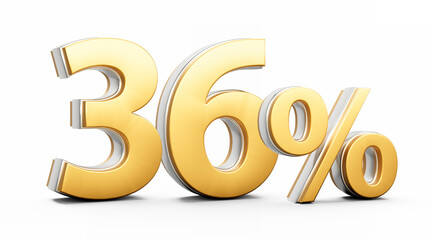 Golden 36% Thirty Six Percent Sign With Sleek Metallic Gleam On White Background 3D Illustration