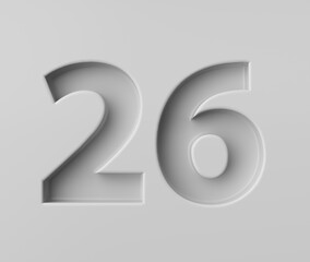 Sleek White Number 26 Twenty Six With Subtle Shadow Embossed Into Grey Background 3D Illustration