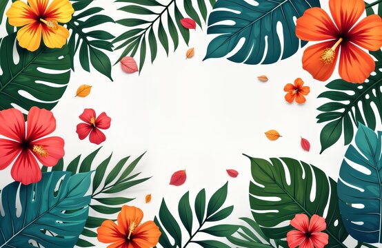Vibrant tropical flowers, leaves create summery botanical illustration. Colorful hibiscus blossoms, exotic monstera leaves fill design. Variety of tropical leaves, flowers artistically arranged.