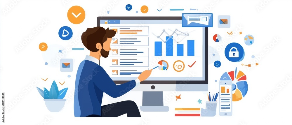 Poster businessman analyzing data on computer screen