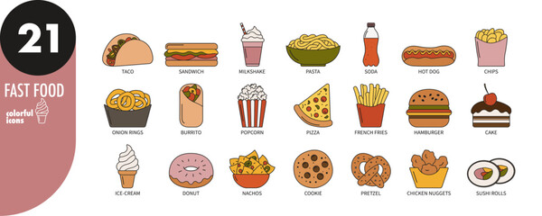 Colorful fast food thin line icons set. Burger, hot dog, taco, milkshake, pasta, soda, sandwich, burrito, pizza, popcorn, cake, ice-cream, donut, nachos, cookie, nuggets, vector illustration