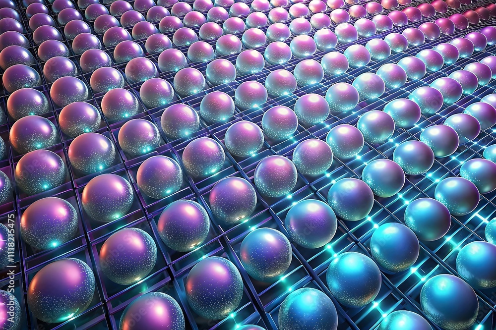 Poster vibrant spheres array illuminated technology futuristic design colorful patterns