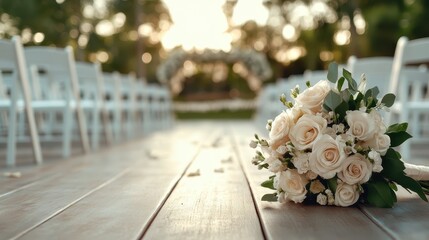 A close-up shot of a beautiful wedding bouquet placed on the wooden floor lined with white chairs, highlighting the tranquility of an untouched wedding venue aisle.