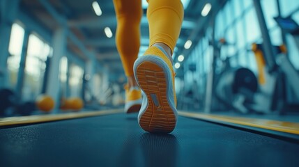 Close-up of woman's feet jogging on treadmill in gym.