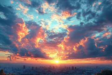Dramatic sunset clouds over cityscape with vibrant colors and urban silhouette