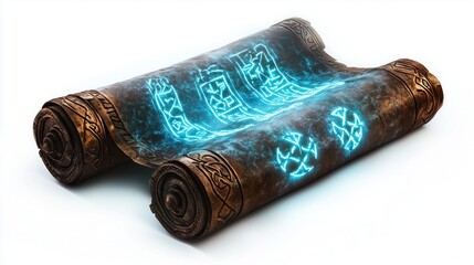 An ancient magical scroll with blue glowing runes on a white background