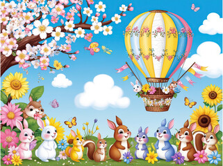 Obraz premium Blossom flowers and cute animals with hot air balloon’s. Cute wallpaper for kids 