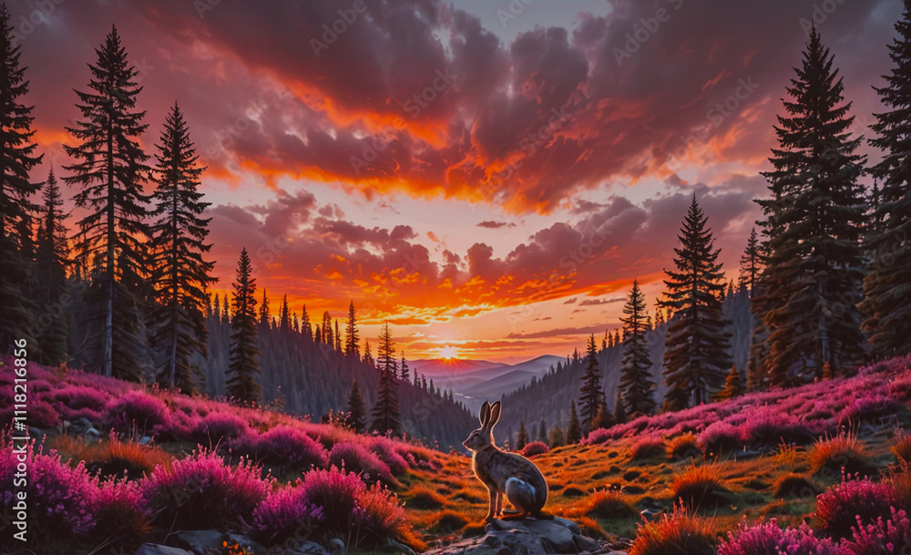 Aufkleber rabbit is sitting in a field of flowers. the sky is orange and pink. there are many trees in the bac