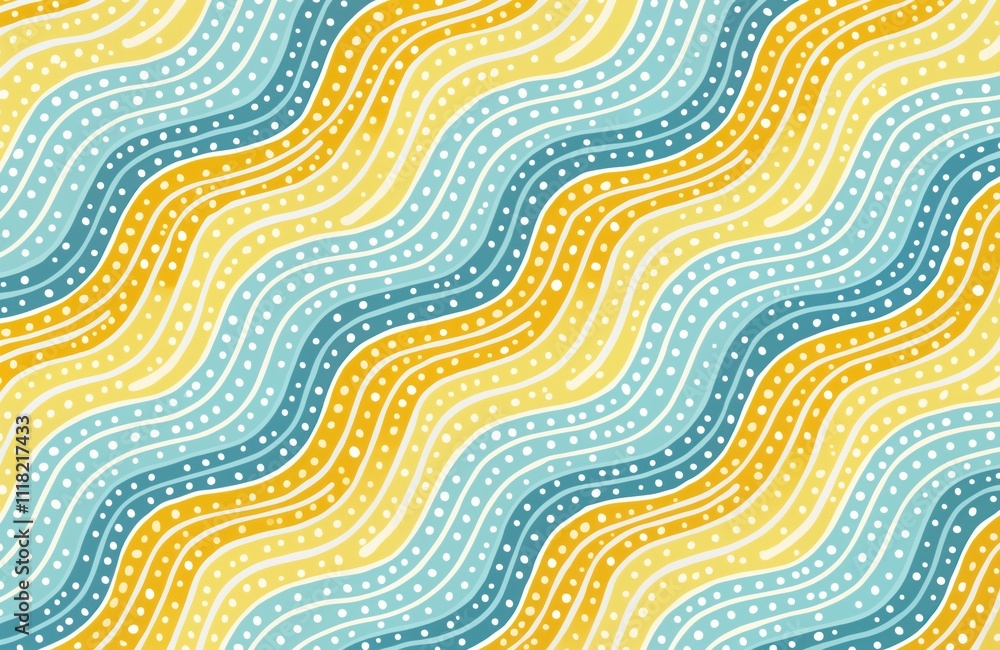 Poster Seamless pattern of wavy lines in blue, yellow colors with white dots. Abstract design mimics water waves. Great for summer beach theme. Stylish, modern visual. Suitable for textiles, wrapping paper,