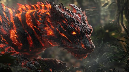 A dragon-tiger hybrid with fiery scales and a powerful feline build, prowling through a misty jungle 
A mystical bird-lion hybrid with the body of a lion and the wings and tail of a phoenix, glowing i