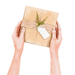 Gift in hands, box in hands, watercolor illustration, female hands 