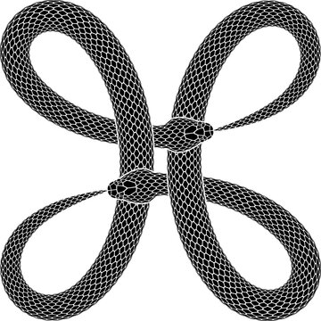 Vector tattoo design of two snakes bites tails in form of bowen knot sign or command key symbol. Isolated silhouette of cross shaped ouroboros character.