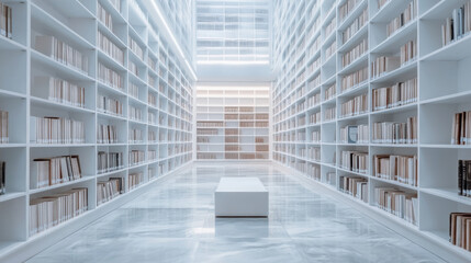 Modern white library interior with symmetrical shelves filled with numerous books, creating a serene and minimalist reading environment.